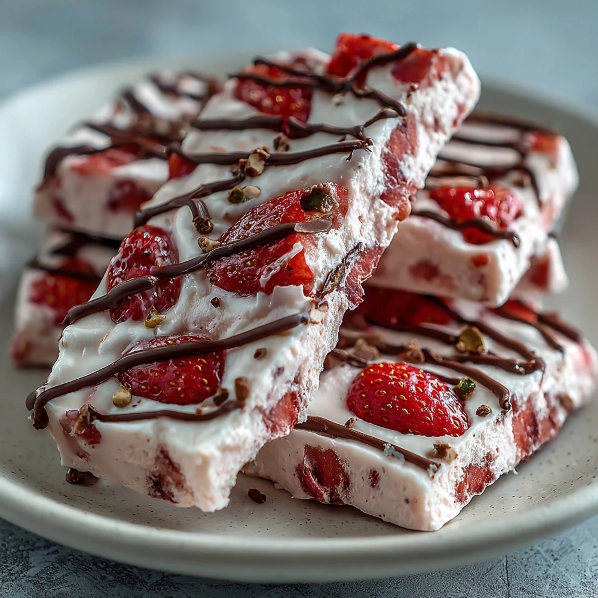 Valentine Strawberry Yogurt Bark with Pistachios, a creamy frozen treat topped with fresh berries and crunchy nuts, perfect for sharing.  