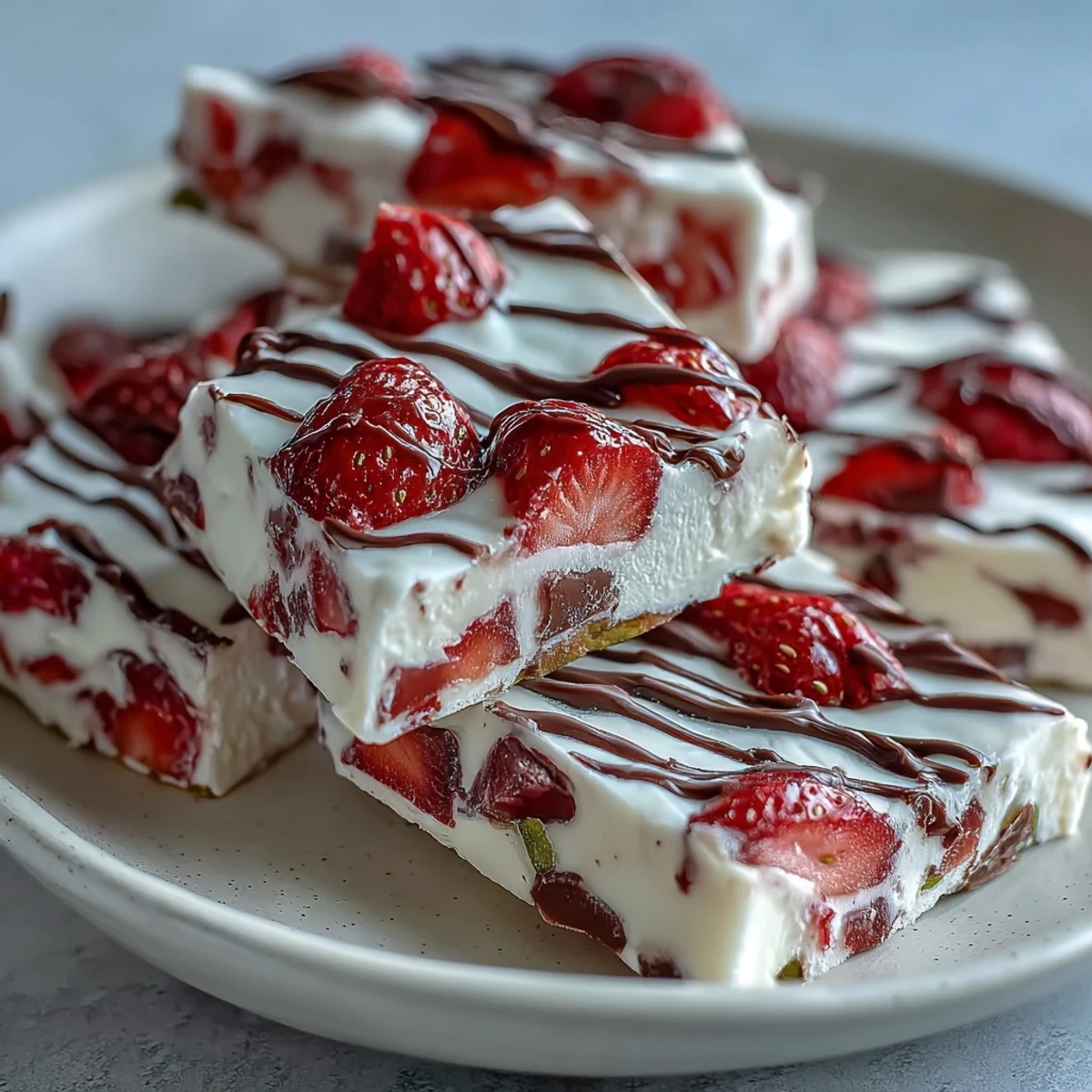 Festive Valentine Strawberry Yogurt Bark with Pistachios, featuring vibrant red strawberries and green pistachios on a smooth yogurt base.  