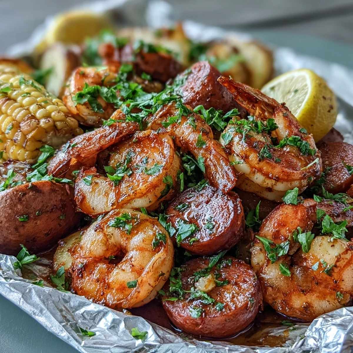 Juicy shrimp and smoky sausage mingle with onions, baby potatoes, and corn in these easy foil packet dinners, bursting with Cajun flavor.  
