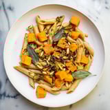 A steaming bowl of butternut squash & sage brown butter pasta, garnished with fresh sage.