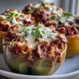 Inside a baked chili mac stuffed pepper, elbow macaroni mixes with seasoned beef, black beans, and tomatoes.