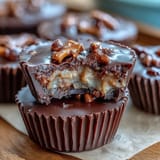 A stack of crunchy pretzel homemade peanut butter cups, perfect for satisfying sweet and salty cravings.  