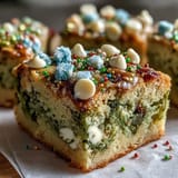 Colorful St. Patrick's Day rainbow cookie bars topped with white chocolate chips and festive sprinkles.  