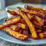 Golden brown sweet potato fries made in the air fryer, paired with zesty garlic aioli for a flavorful, gluten-free treat.  
