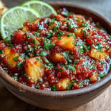 Close-up of vibrant Ficy Peach Jalapeño Salsa, a fresh topping choice.