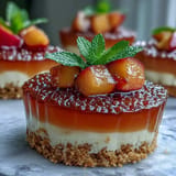 Elegant Peach Bellini Jello Cheesecake Cups with fresh peach garnish.