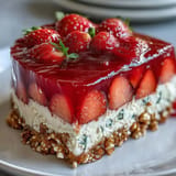 Closeup of the Pistachio Strawberry Pretzel Jello Salad, a perfect layered dessert.