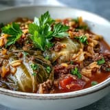 Delicious cabbage roll soup in a rich tomato broth, ready to be scooped with garlic toast.