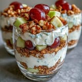 Refreshing Grape Apple Crunch Parfait Cups showcasing layers of fruit and nutty crunch.