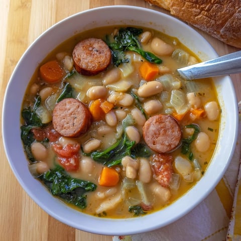 Close-up shot of a steaming bowl of Cheesy Sausage and White Bean Soup.