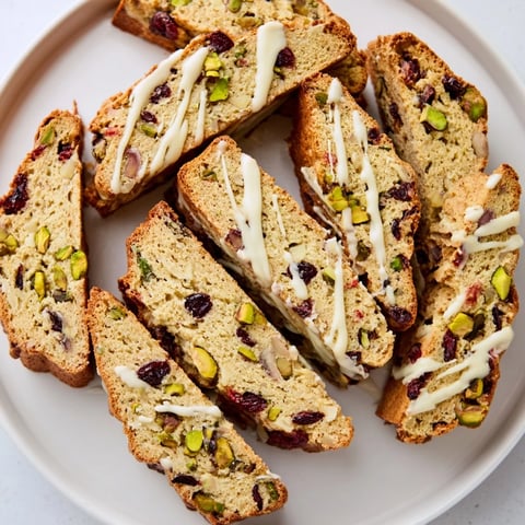 Warm white chocolate cranberry pistachio biscotti, showing the delightful, twice-baked texture and crunchy bits.