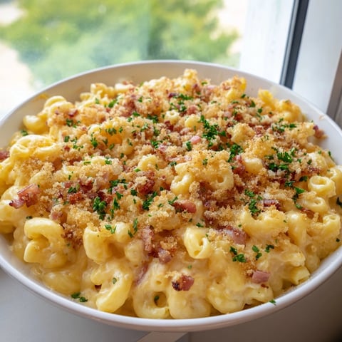 Golden, bubbly sheet pan mac and cheese topped with crispy bacon crumbles, ready to serve.
