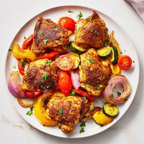 Sheet Pan Chicken Shawarma, golden chicken and colorful roasted vegetables ready to serve for dinner.