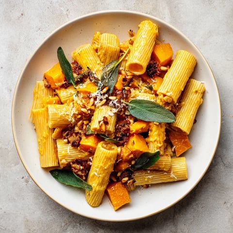 Golden brown butternut squash and sage brown butter pasta, ready to serve with Parmesan.