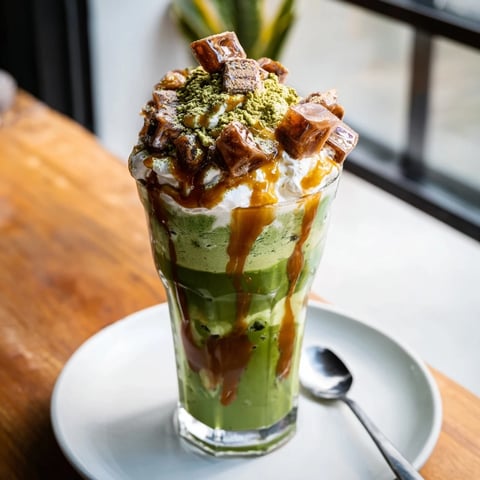 Festive Caramel Brulée Iced Matcha Christmas Coffee Dupe, layered with creamy matcha, spices, and caramel.