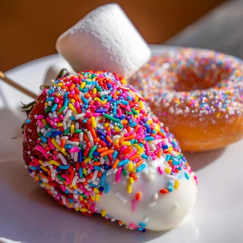 Delectable Rainbow Sprinkle Party Board: Colorful treats dipped in chocolate and covered in rainbow sprinkles.