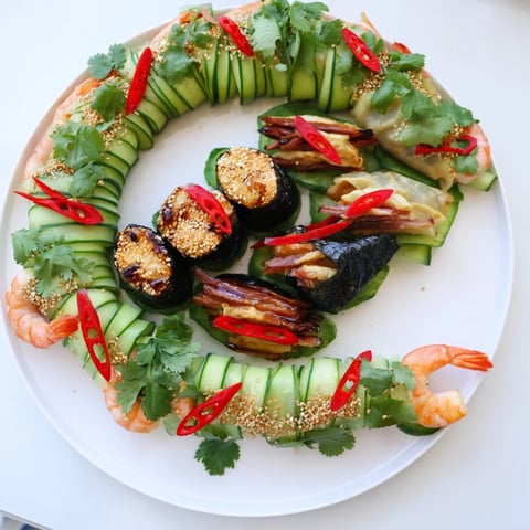 Mighty Dragon Lunar New Year Board with vibrant shrimp, char siu, and potstickers on display.