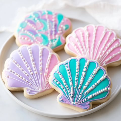 Delicate pastel Seashell Sweets, beautifully decorated sugar cookies waiting to be enjoyed at a party.