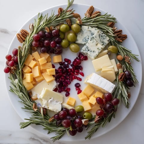 Holiday Wreath Cheese Ring featuring a vibrant arrangement of cheeses, grapes, and nuts, perfect for entertaining.