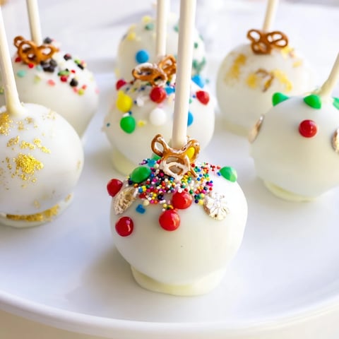 Festive Ornament Ball Cake Pops: colorful and coated treats, perfect for holiday celebrations and dessert tables.