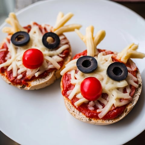 Warm, bubbly Reindeer Face Pizza Bagels with melted mozzarella and pretzel antlers, ready to eat!