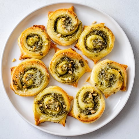 Golden and flaky, these star-shaped pesto pinwheels showcase a vibrant basil pesto filling.