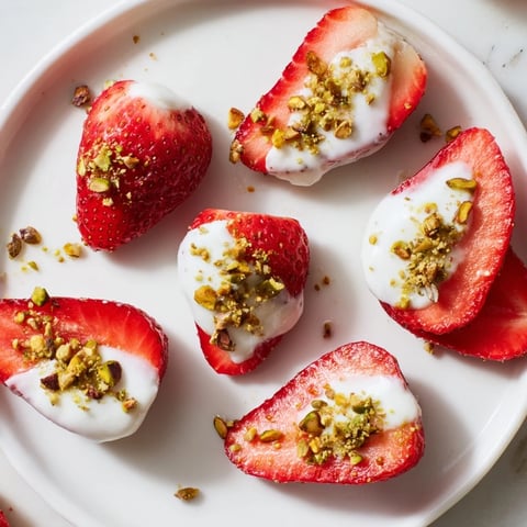 Close-up of Yogurt Dipped Strawberry Half-Circles, chilled and ready for a refreshing treat.