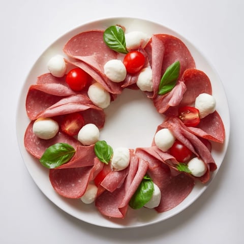 Folded salami wreath arranged as a festive appetizer, ready to enjoy with mozzarella and tomatoes.