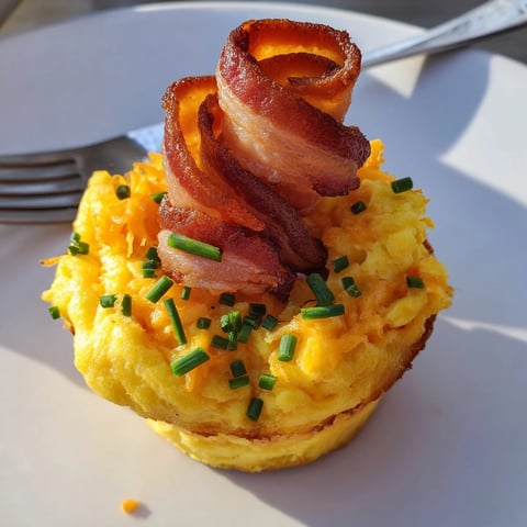 Golden, perfectly baked Scrambled Egg Cups with bacon, ready to enjoy for a delicious brunch side.
