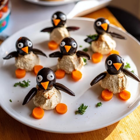 Creamy Winter Dip, a white bean dip with cheerful olive penguin garnishes, ready to serve.