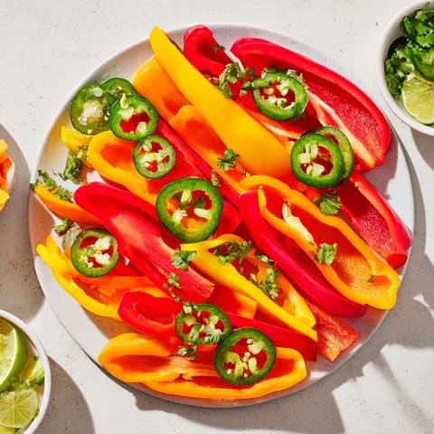 Festive Spicy Chili Pepper Fiesta appetizer platter with colorful peppers and fresh dips served with chips.