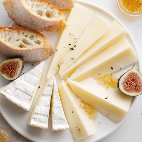 A French Bistro Elegance platter showing artisan baguettes, cheeses, figs, and honey for snacking.