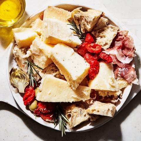 Rustic Italian Farmhouse Board displays a gorgeous array of cheeses, meats, bread, olives, and tomatoes, ready to be enjoyed.