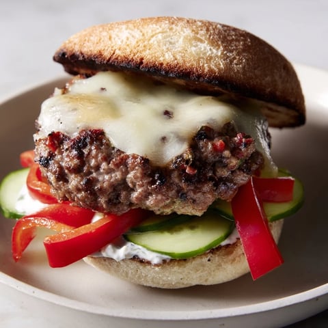 Juicy Fire & Ice Burger, topped with melted pepper jack cheese, red peppers, and cool yogurt sauce.