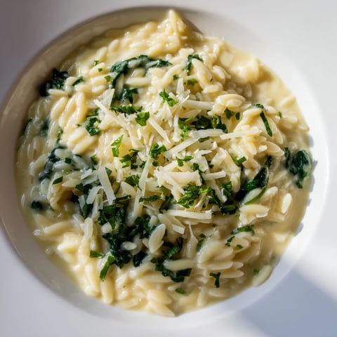 Steaming bowl of one-pot creamy orzo pasta, topped with fresh parsley and Parmesan cheese.