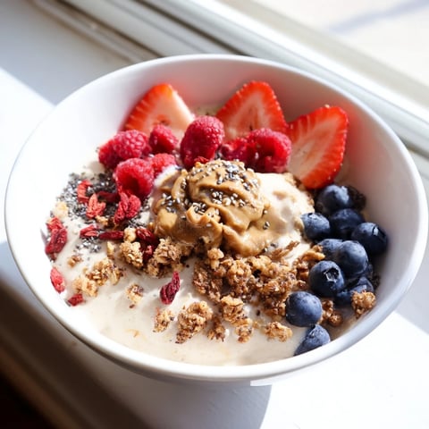 Enjoy a visually descriptive dessert of protein ice cream bowls with fresh berries and granola.