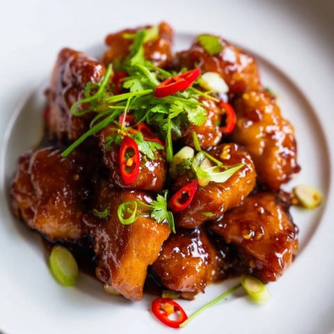 Glossy Vietnamese Caramel Chicken glistening atop white rice, garnished with fresh, green herbs.