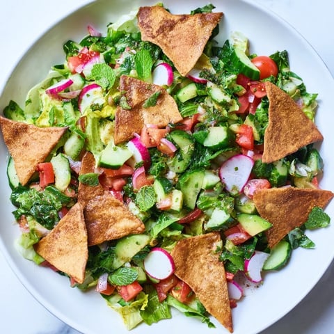 A colorful Lebanese Fattoush Salad with crunchy pita chips, a refreshing summertime meal.