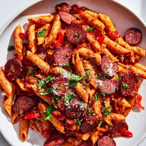 Smoky Spanish Chorizo Pasta, glistening with chorizo and bell peppers, ready to be served.