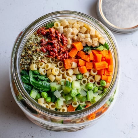 Clear glass quart mason jar showing colorful layered Minestrone Soup ingredients ready to be cooked.