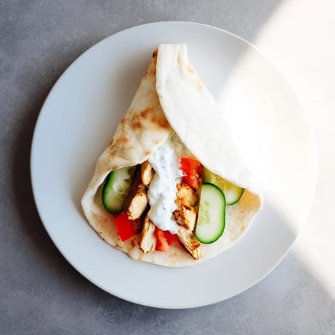A close-up of a Greek Chicken Wrap, with juicy grilled chicken strips, creamy tzatziki, and fresh veggies in a warm pita.