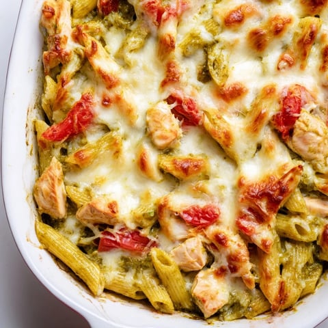 Golden-brown Pesto Chicken Pasta Bake bubbling from the oven, with melted mozzarella and fresh basil on top.  