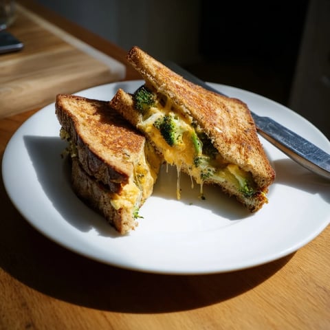 Golden toasted sourdough sandwich stuffed with roasted broccoli florets and melted sharp cheddar, served warm on a wooden cutting board.