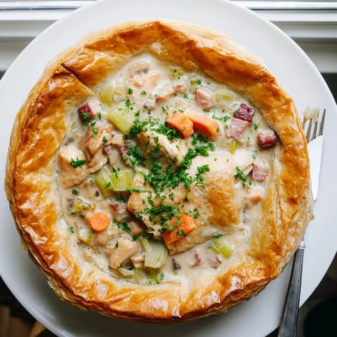 Golden, flaky puff pastry crust baked over a creamy filling of tender chicken, sautéed leeks, bacon, and herbs in this hearty Chicken and Leek Pie.