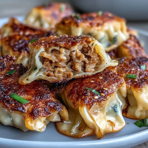Golden-brown smashed gyozas sizzling in a skillet, their crispy edges contrasting with tender wonton wrappers, ready to serve as an appetizer with a dipping sauce.