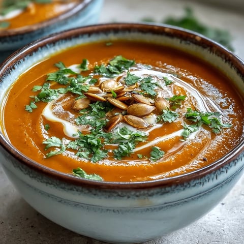 A bowl of creamy Carrot Ginger Soup garnished with fresh cilantro and a coconut milk swirl.