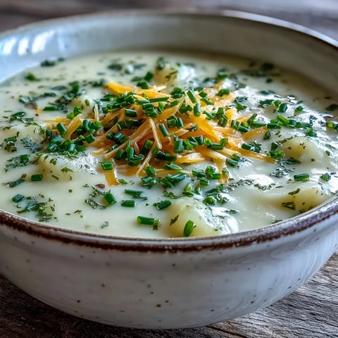 Creamy Cream of Potato Soup in a rustic bowl topped with fresh chives and shredded cheddar.