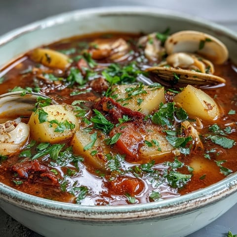 A warm bowl of homemade Manhattan Clam Chowder with diced potatoes, tender clams, and fresh parsley garnish.
