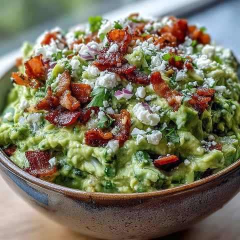 Creamy Bacon Guacamole with Cotija Cheese topped with crispy bacon crumbles and fresh cilantro in a rustic bowl.