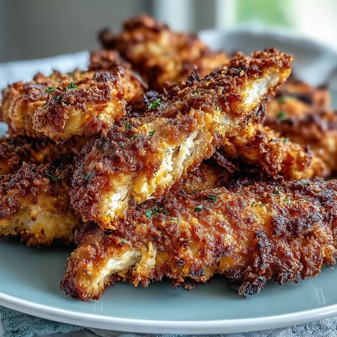 Air Fryer Chicken Strips arranged on a plate with golden crunch and a creamy dipping sauce.